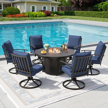 7 Piece Metal Outdoor Patio Furniture Set with Round Fire Pit Table, Patio Conversation Sets 6 Swivel Chairs with