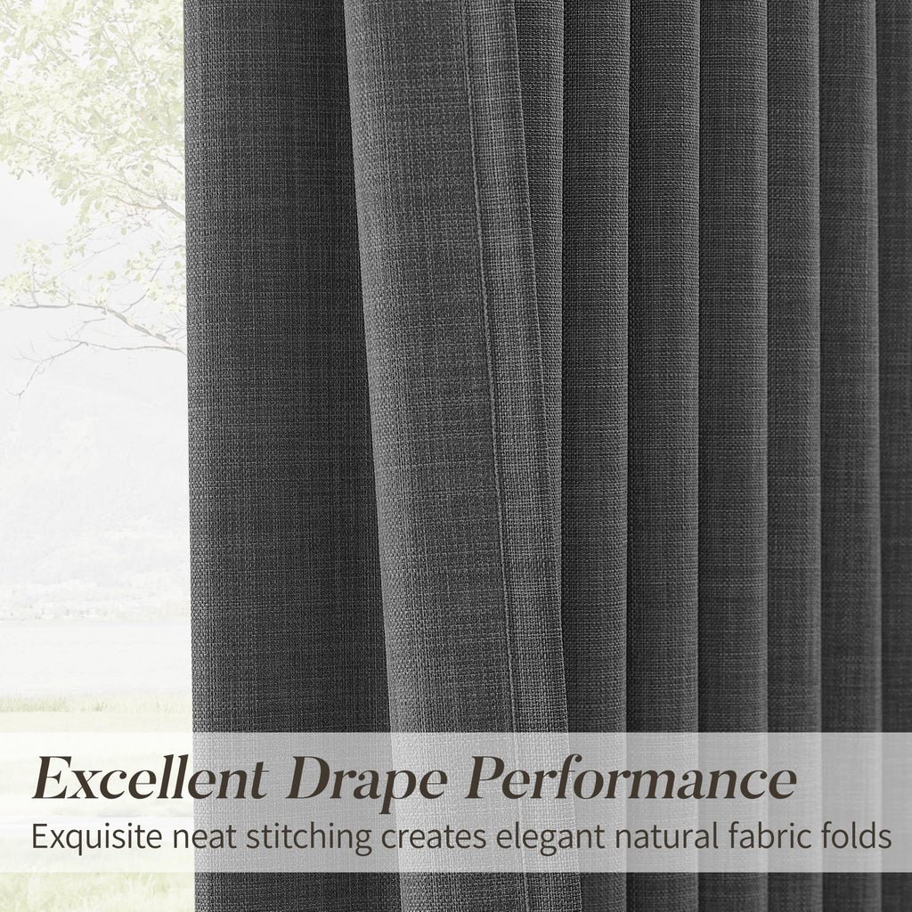 Pinch Pleat Dark Grey Linen Curtains - Boho Light Filtering Privacy 100 Inches Long Ceiling Floor Pleated Curtain