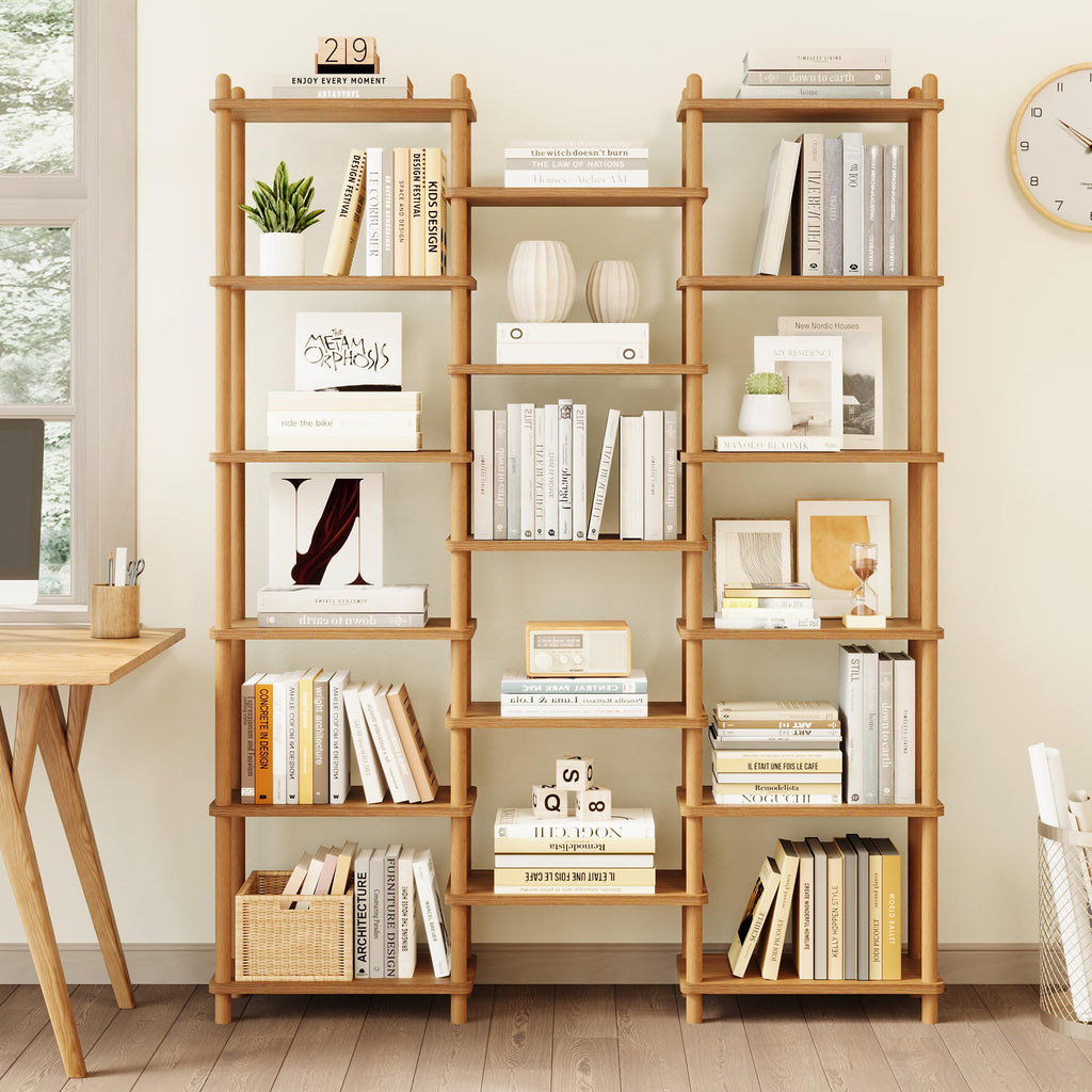 Wooden Triple Wide Bookshelf, 6-Tier Large Open Bookcase, Oak