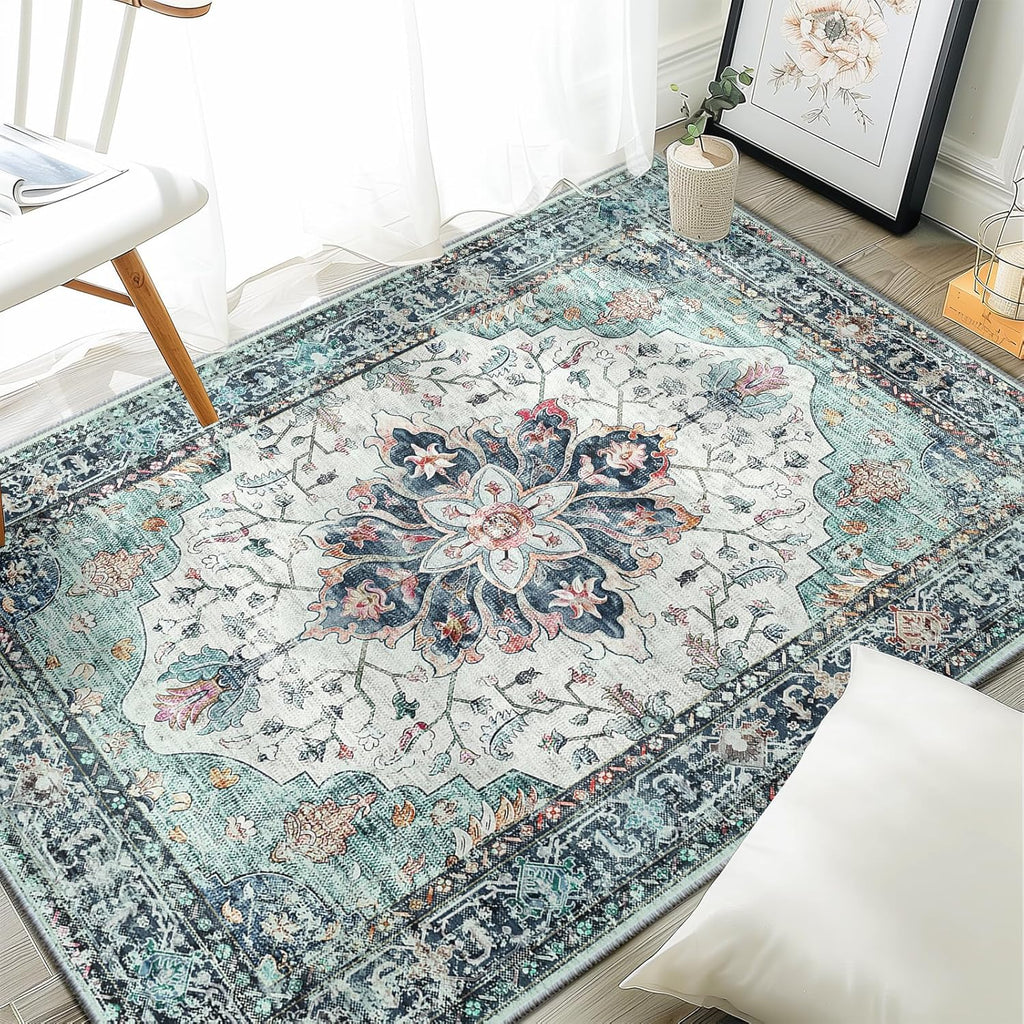 Area Rugs Washable Non-Slip, Floral Vintage Distress Print Pattern Medallion Carpet for Living Room Bedroom