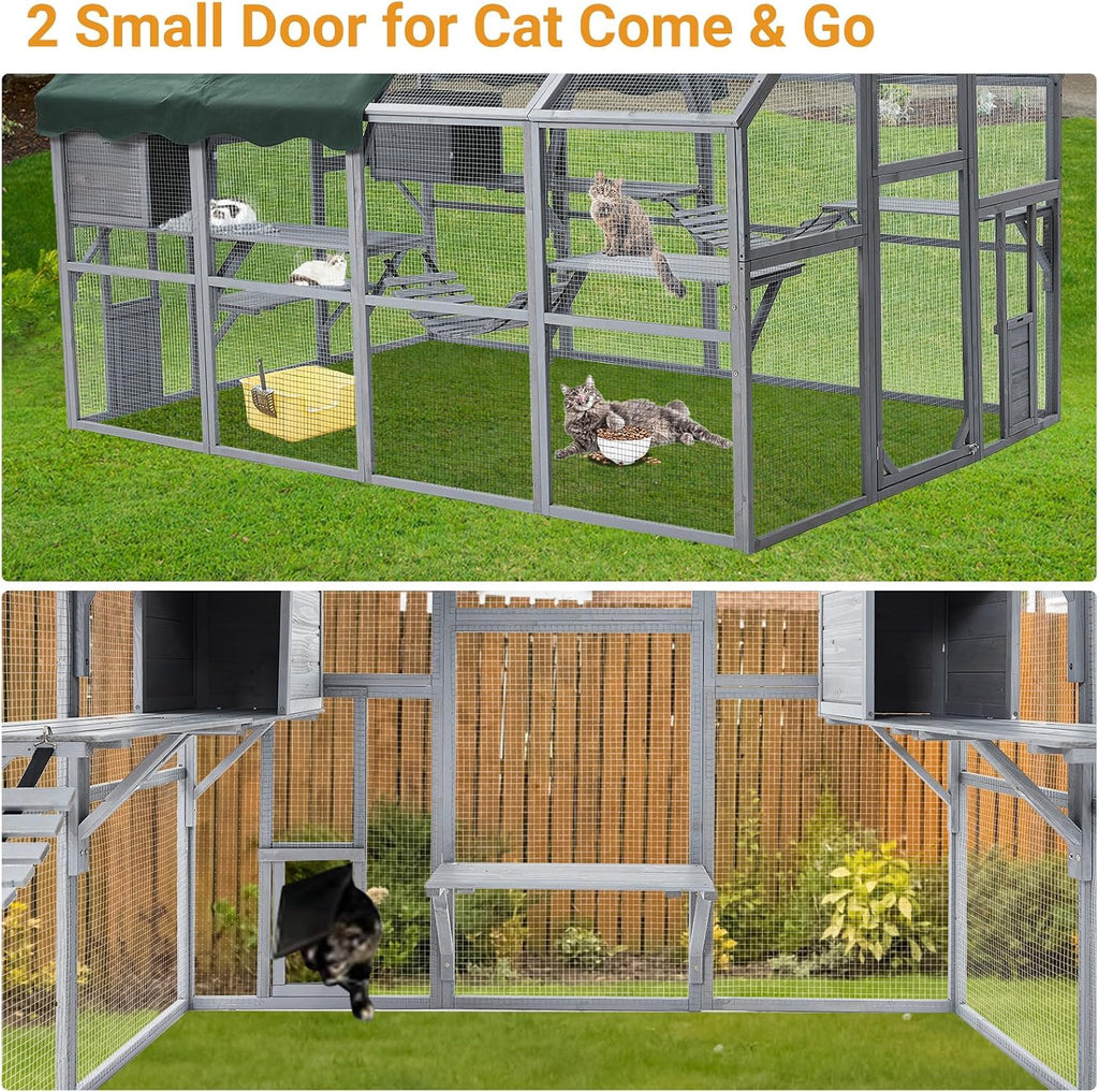 Large Outdoor Catio Cat Enclosure, 57 Sq Ft Walk‐in Wooden Cat House