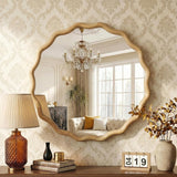 Round Wood Mirrors for Wall, 24" Boho Cirecle Wavy Mirror with Wooden Frame, Decorative Mirror with Tempered Glass