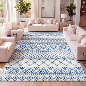 Moroccan Hype Boho Vintage Tribal Cream/Blue Indoor Area Rug, Bohemian, Vintage, Easy-Cleaning, Pet Friendly