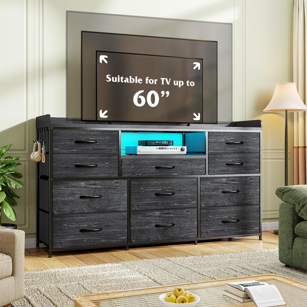 LED Dresser with 11 Drawers & Power Outlets, Black