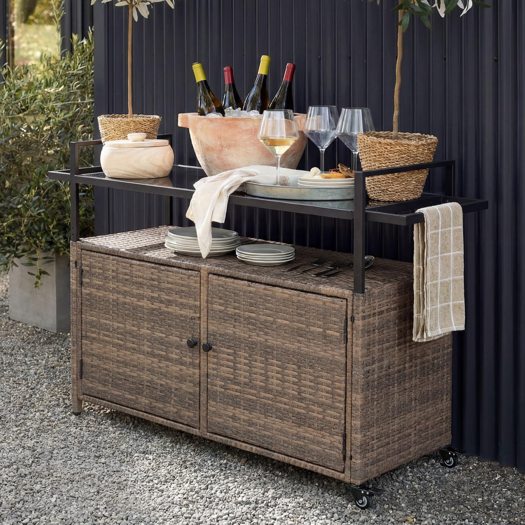 51.2" Wicker Outdoor Bar Cart - Brown Patio Console Storage Table Buffet Cabinet Serving Kitchen Cart with Wheels for