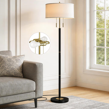 2-Light Mid Century Modern Floor Lamp, Standing Lamp with Fabric Shade and Pull Chain Switch, Tall Floor Lamp Corner