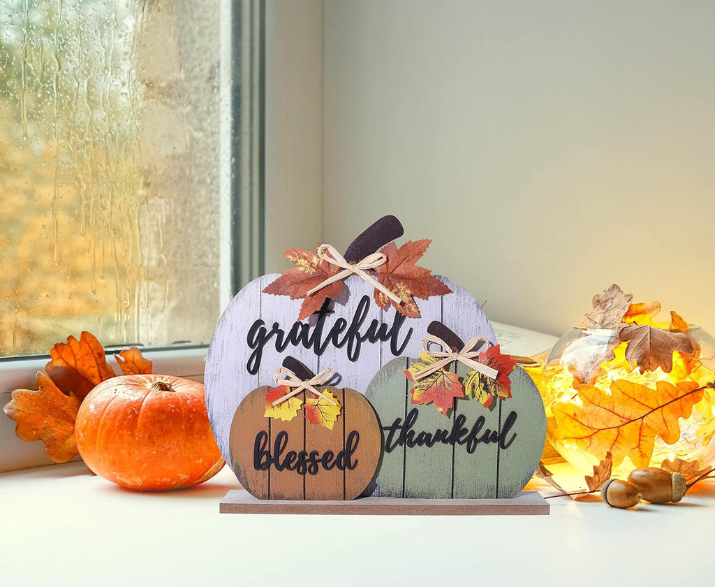 Fall Decorations Blessed Grateful Thankful Fall Decor Wooden Pumpkin Tabletop Signs Thanksgiving Farmhouse Living - Set of 3