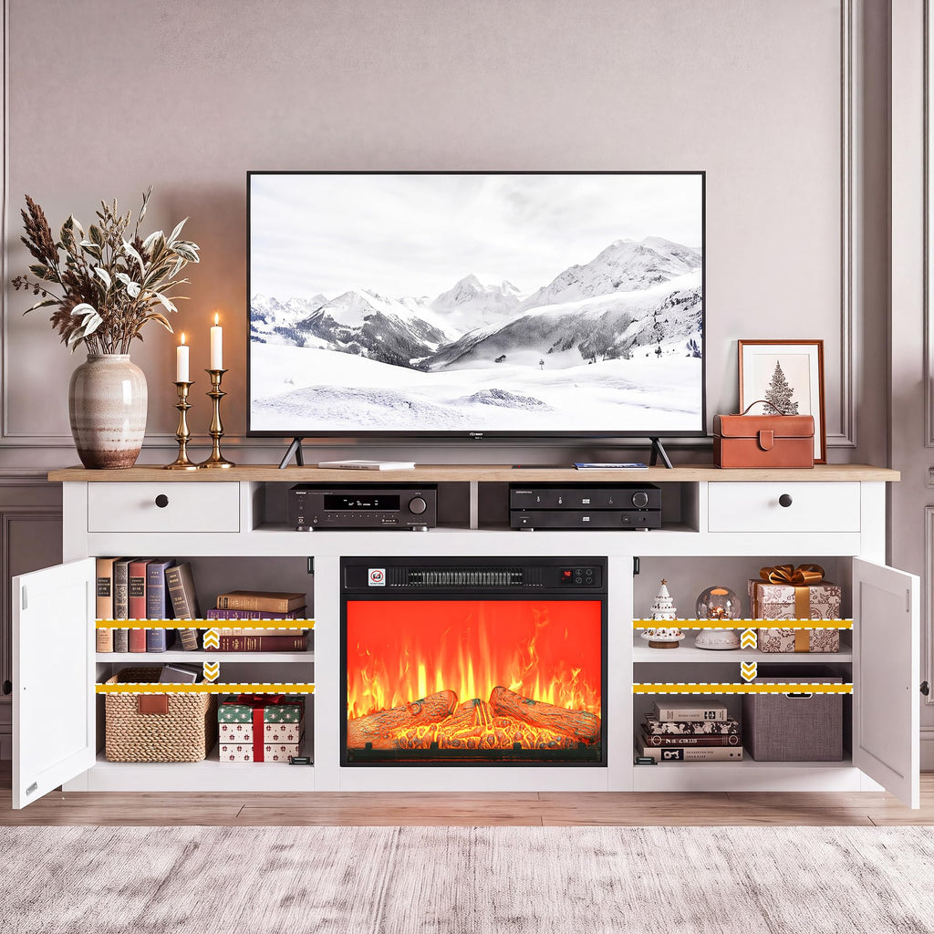 Farmhouse TV Stand with Fireplace for 75" TVs, White