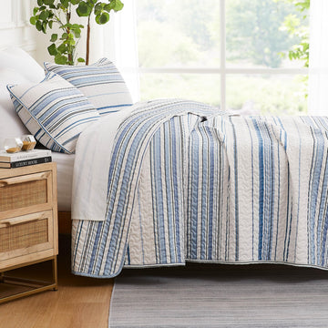 Oversized Quilt Set w/ 2 Quilted Pillow Shams, Blue Stripes Quilts