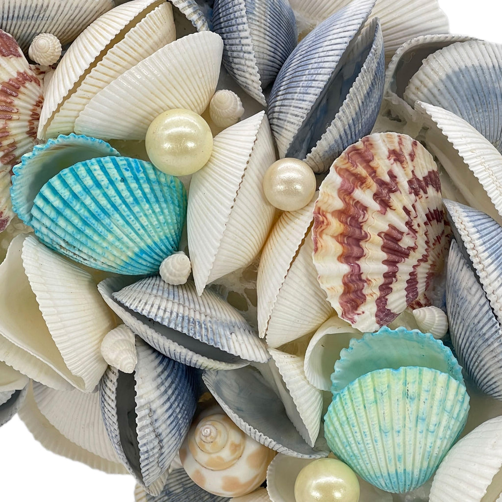 18" Nautical Seashell Wreath, Blue | Coastal Beach Floral Home Decor Indoor Outdoor Real Starfish Pearl Seashells