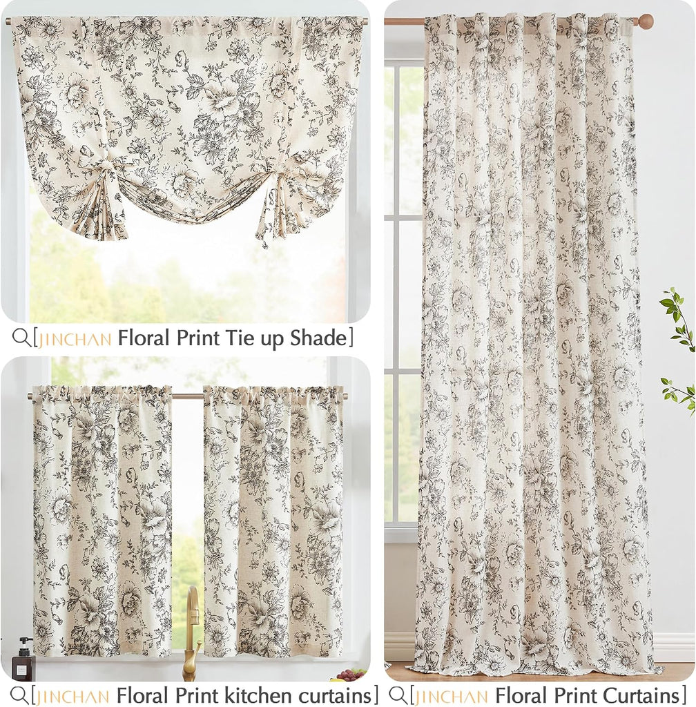 Floral Linen Tier Curtains 36 Inch Farmhouse Botanic Cafe Drapes for Small Windows Rustic Half Window Curtains for