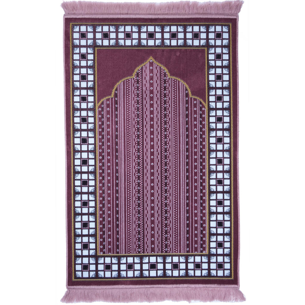 Turkish Muslim Thin Velvet Prayer Rug - Vined Arch (Pink)