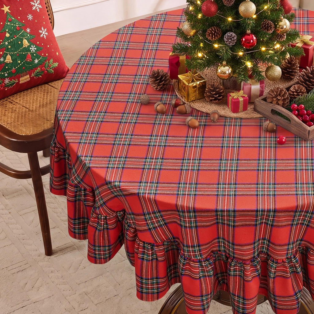 Christmas Plaid Ruffled Round Tablecloth, 70 Inch Red