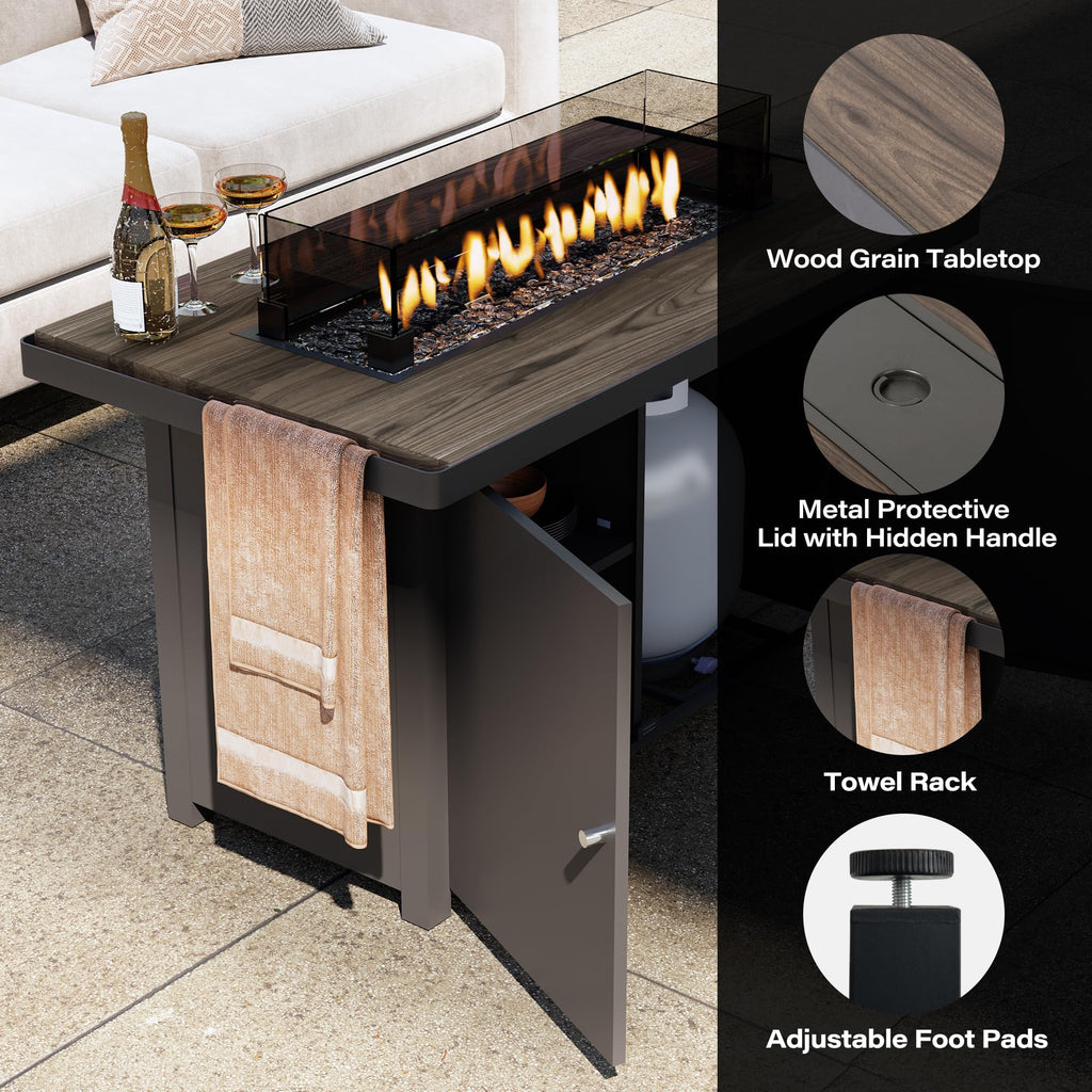 43" Propane Fire Pit Table, 55000 BTU Gas Fire Pit with 2 Tiered Storage Space, Wood Grain Tabletop, Gray Glass Wind