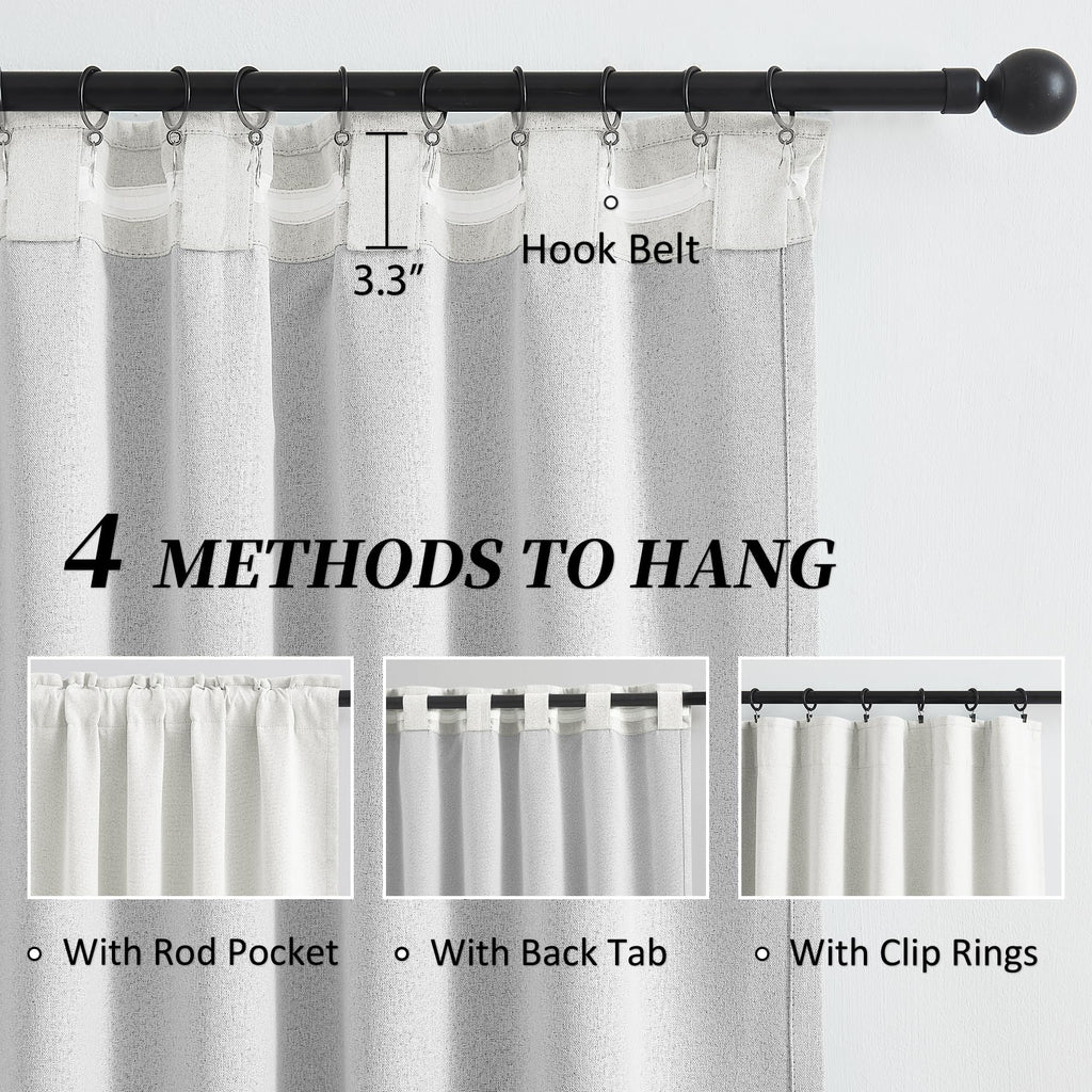 102 Inches Curtains Blackout Drapes Back Tab Hook Belt Country Farmhouse Curtains, Off White, Ivory, 72 by 102