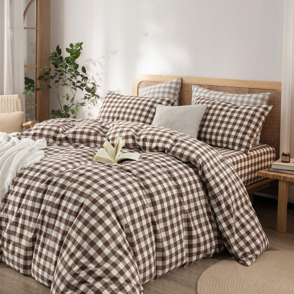 Gingham Cotton Duvet Cover Set Cocoa Brown Full