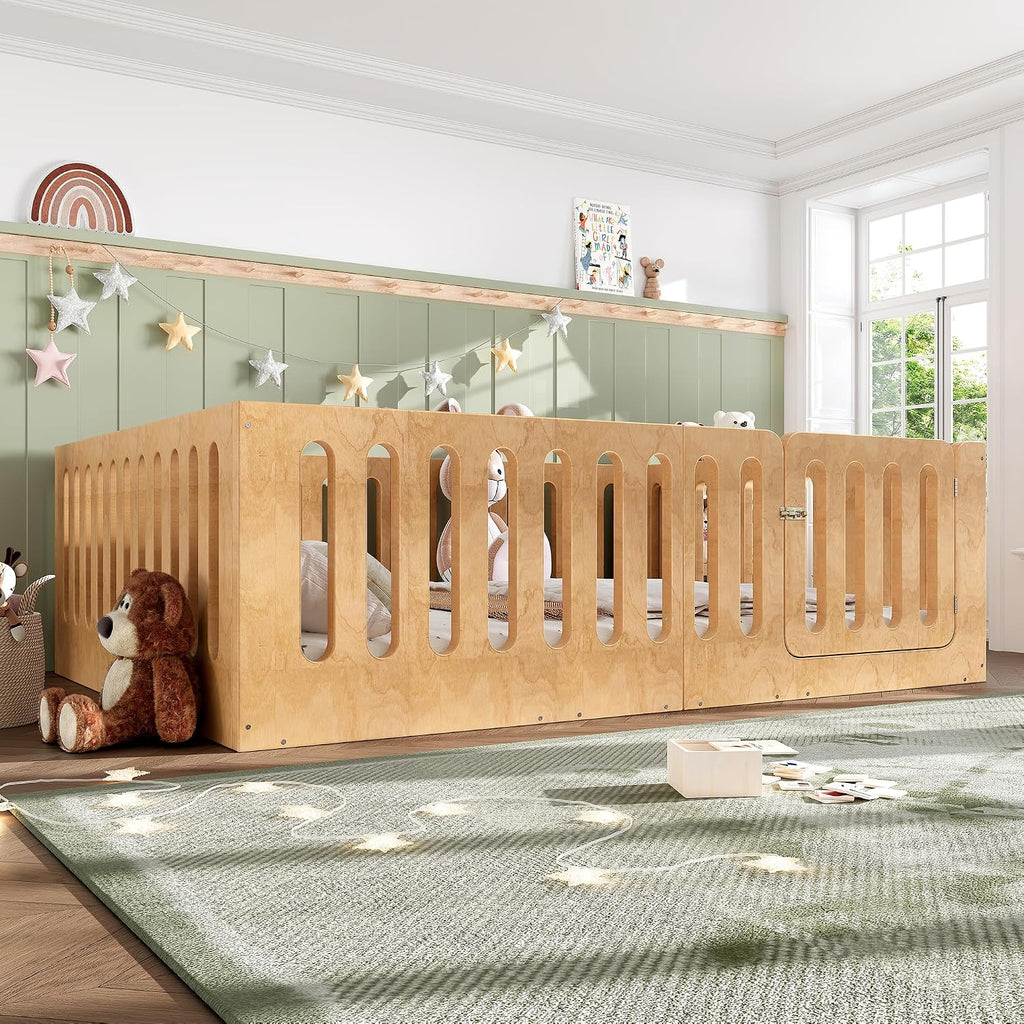 Wood Montessori Floor Bed Frame with High Fence, Natural