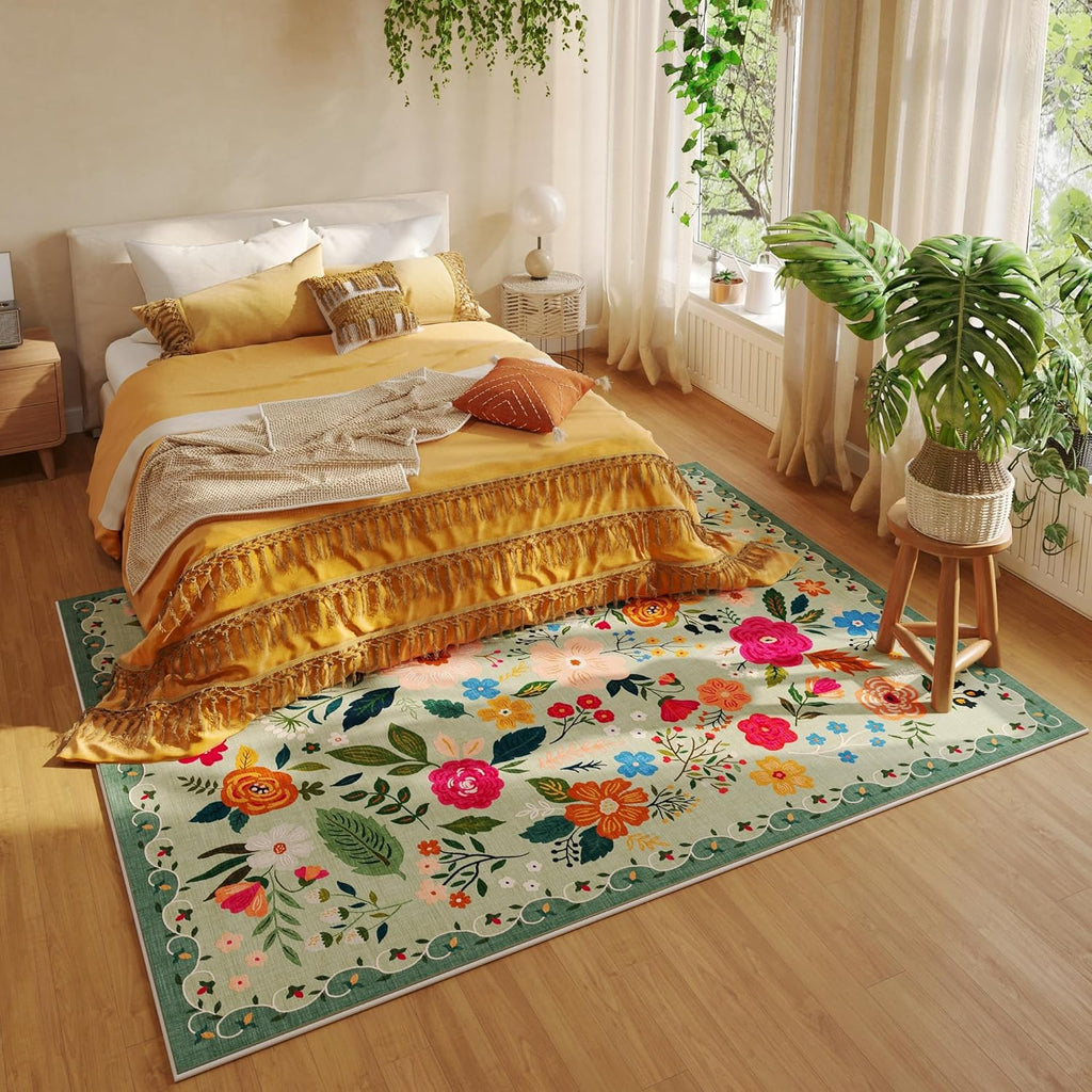Area Rugs 9x12 Living Room Clearance Washable Boho Rug Non Slip Floral Vintage Low Pile Large Rug fo