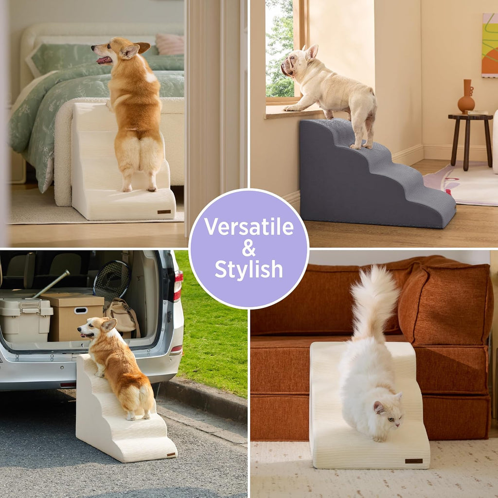 Dog Stairs for Small Dogs, Beige, 5 Step Ramp for High Bed and Couch