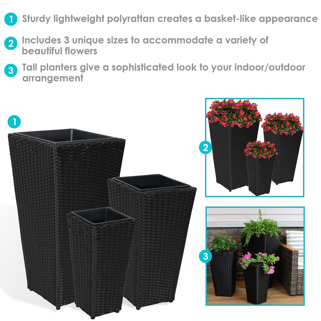 Square Tall Wicker Outdoor Planter, Black, 3pk