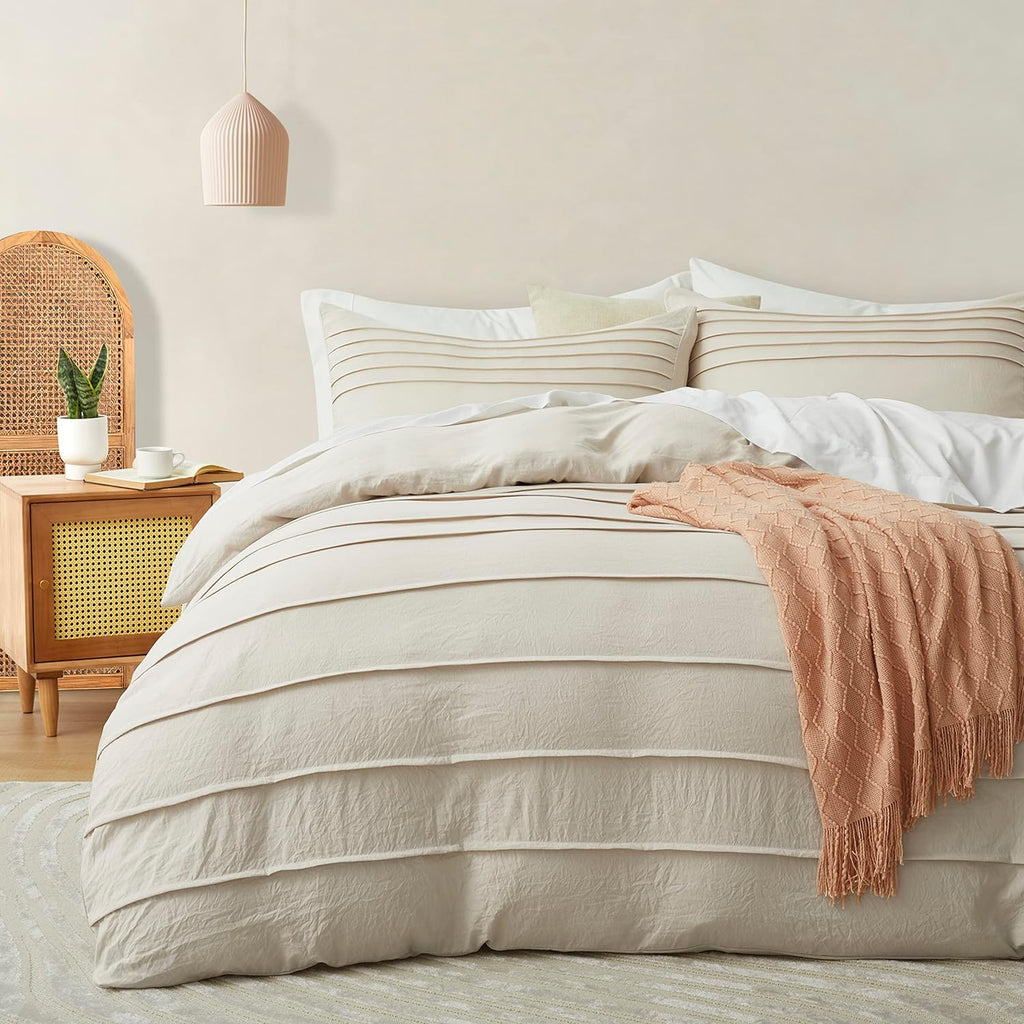 Beige Duvet Cover Queen - Pleated Queen Duvet Cover, 3PCS Soft and Breathable Textured Bedding Set with Zipper