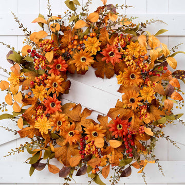 Artificial Fall Wreath 22 Inch Fall Wreaths for Front Door with Orange Berries Daisies Eucalyptus Leaves Autumn Door