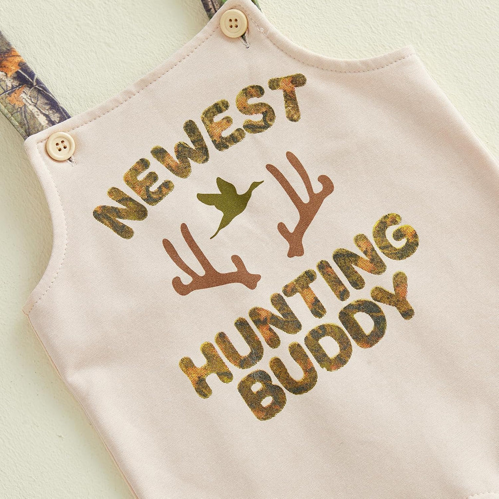 Newborn Baby Boy Fall Clothes Hunting Buddy Long Sleeve Romper Suspender Pants Overall Outfit Hat Set