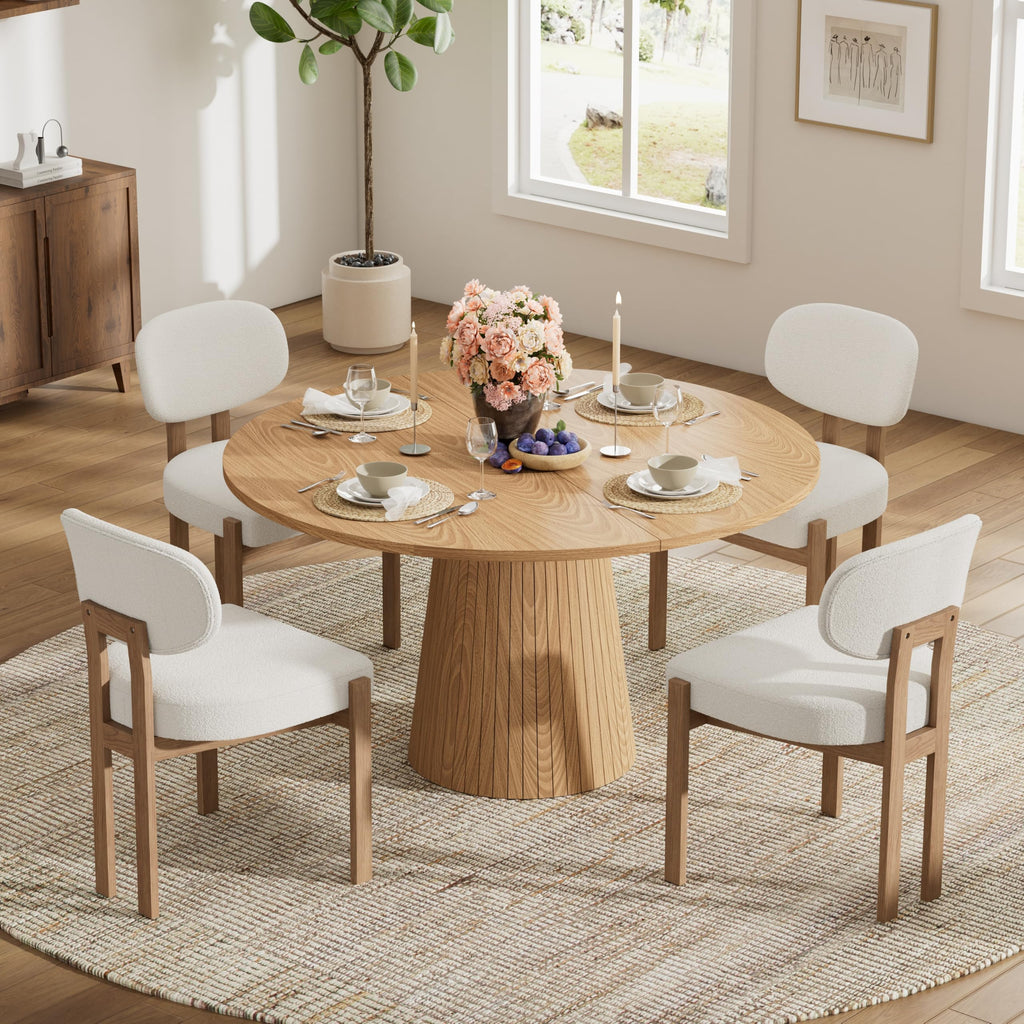 5-Piece Round Dining Table Set for 4, 47" Oak Dining Table + Beige Chenille Upholstered Dining Chairs with Light Oak