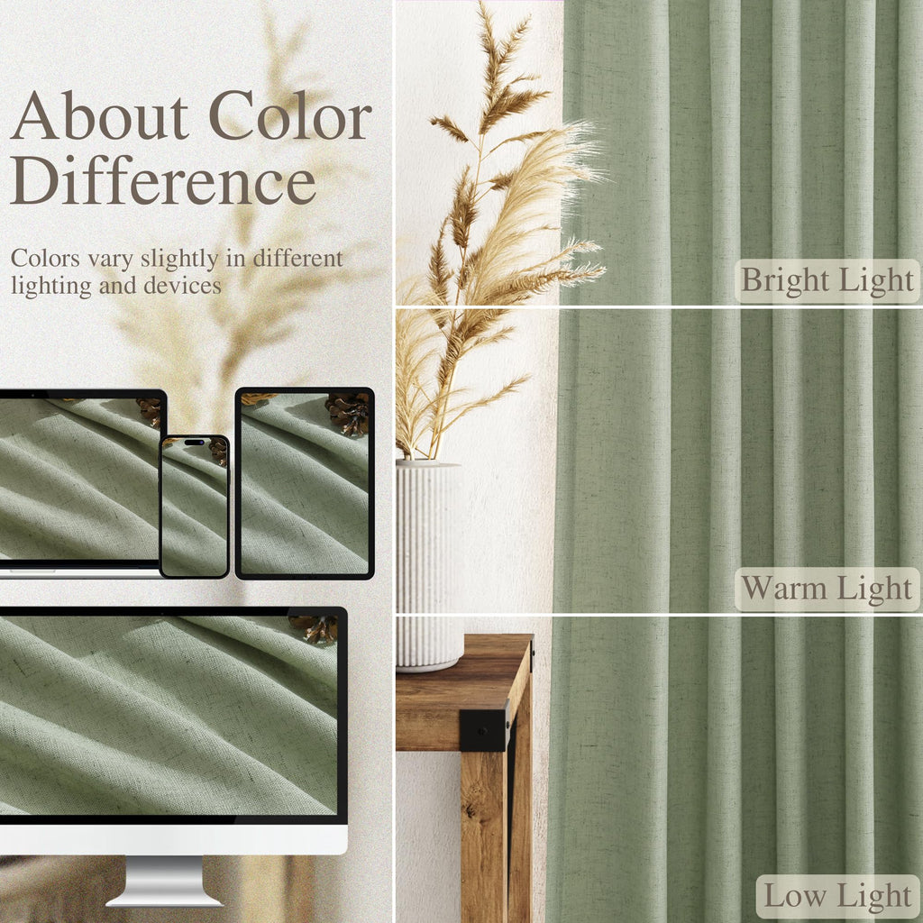 Extra Long Light Sage Linen Curtains 120 Inch 2 Panels Set Rod Pocket Back Tab Soft Linen Window Drapes Semi Sheer