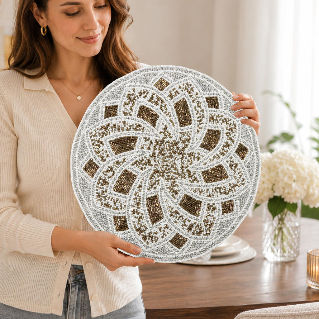 Round Glass Beaded Placemat, 13 Inch, Silver Brown