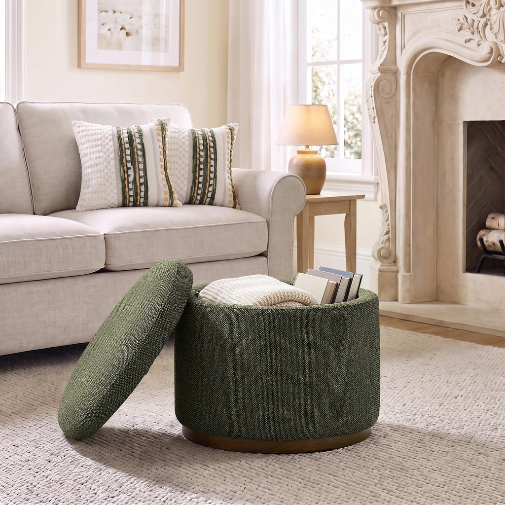 Round Storage Ottoman, 20" Boucle Ottoman Foot Rest Stool (Green)