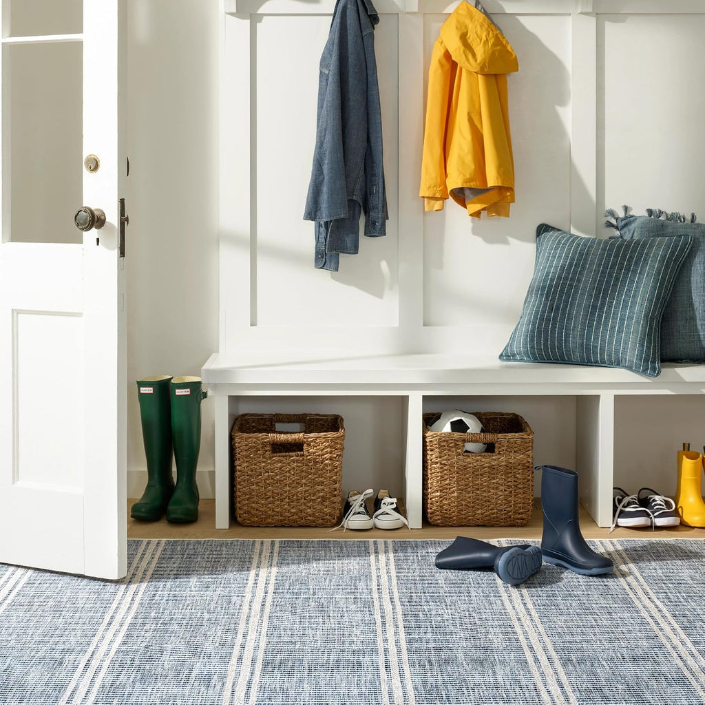 Malta Blue Striped Washable Rug