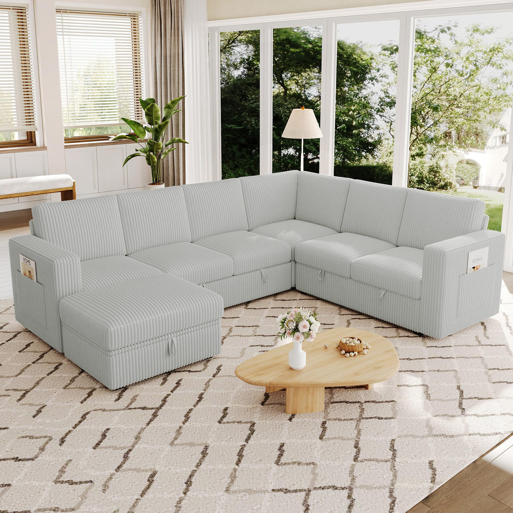 Sectional Sleeper Sofa, Pull Out Couch with Storage, Pale Gray, 7 Seat