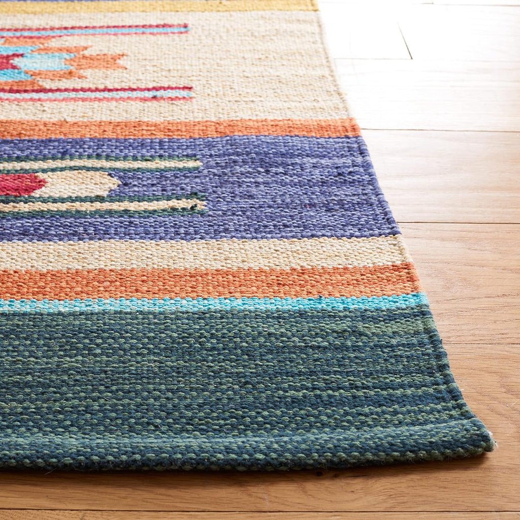 Area Rug - Cotton Kilim Collection - Large - Blue & Ivory, Handmade Cotton, Southwestern Boho Tribal Design