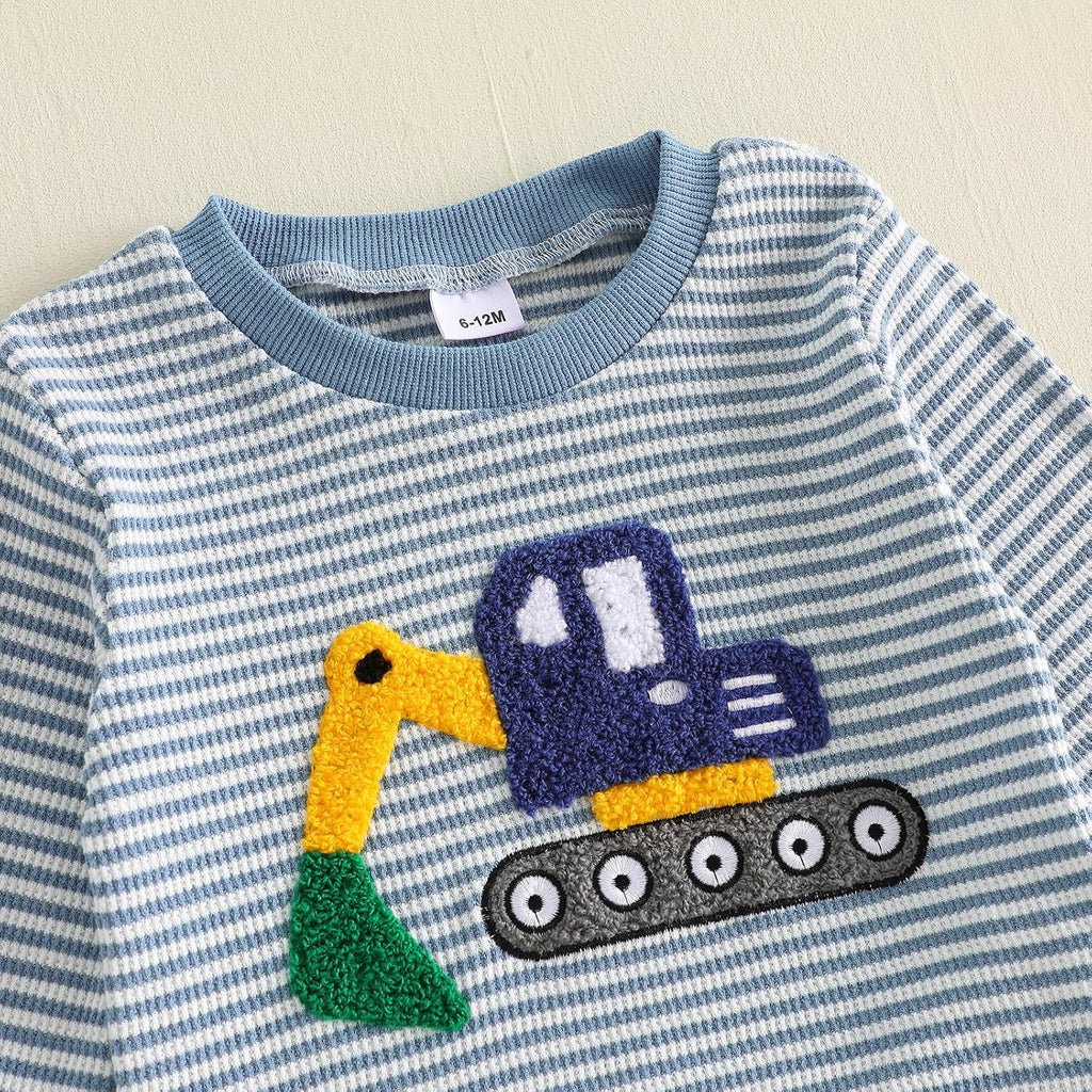 Fall Baby Boy Outfit Excavator Long Sleeve Sweatshirt Pullover Top Pants Toddler Waffle Knit Clothes