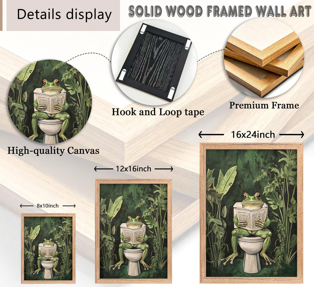 Funny Bathroom Canvas Wall Art Framed Frog on Toilet Reading Newspaper Wall Decor Tropical Green Plants Bathroom
