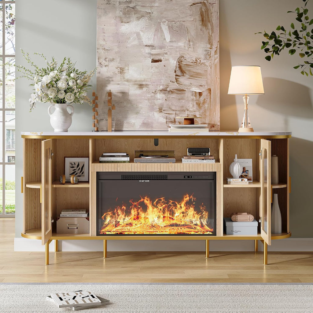 70" Fluted Fireplace TV Stand for TVs Up to 80 Inches, Entertainment Center with 30" Fireplace, Reeded Glass Door