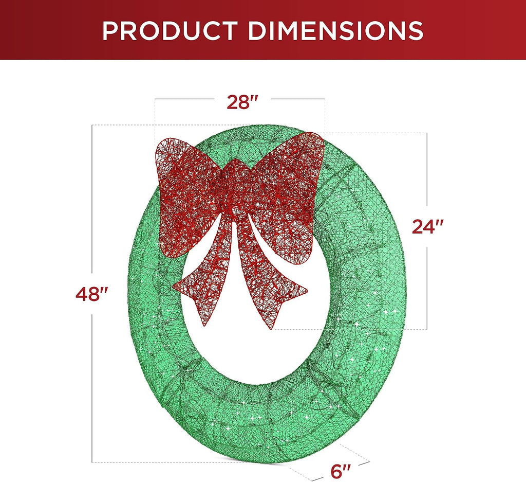 48in Pre-Lit Outdoor Christmas Wreath Decoration, LED Metal Holiday Decor w/ 140 Lights, Bow - Green/Red
