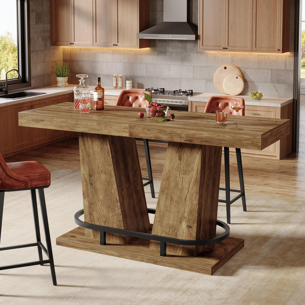 62.99" Industrial Bar Table for 4-6, Rectangle Counter Height Pub Table with Metal Footrest, Home Bar Units for Pub