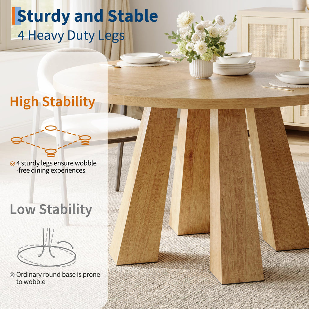 47" Round Dining Table for 4-6, Farmhouse Wood Kitchen Table