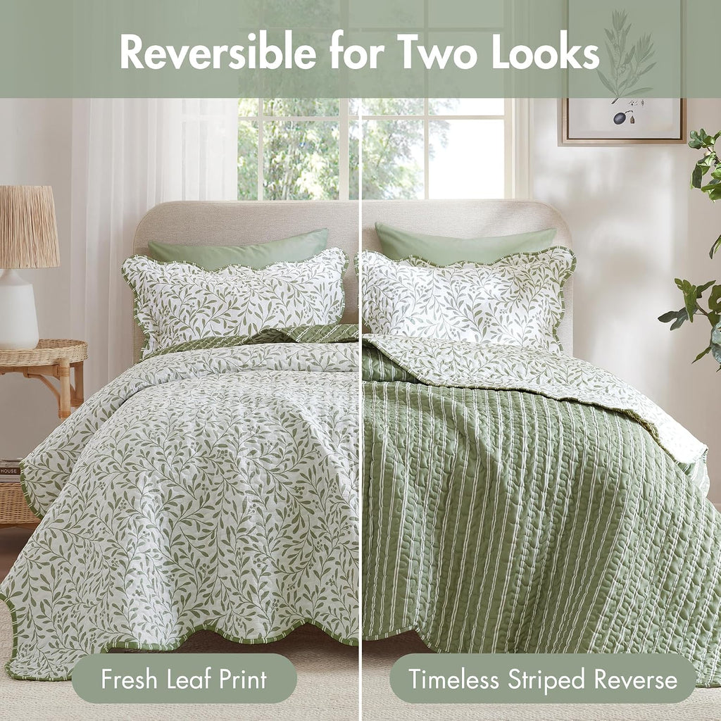 3-Piece Reversible Quilt Set, Botanical Print & Scalloped Edge, Lightweight Summer Bedding, Queen, Market Green
