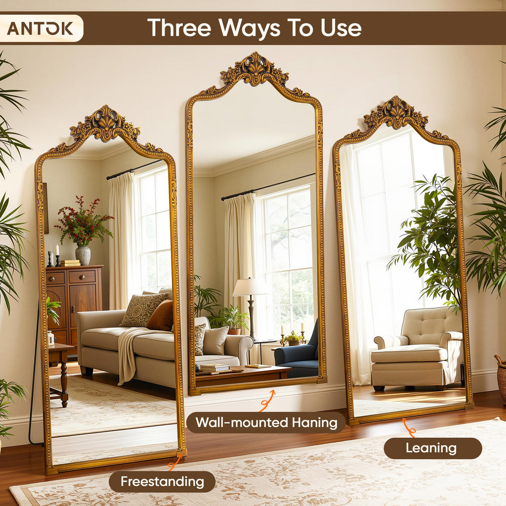 70"x28" Retro Full Length Mirror, Ornate Carved Floor Body Mirror