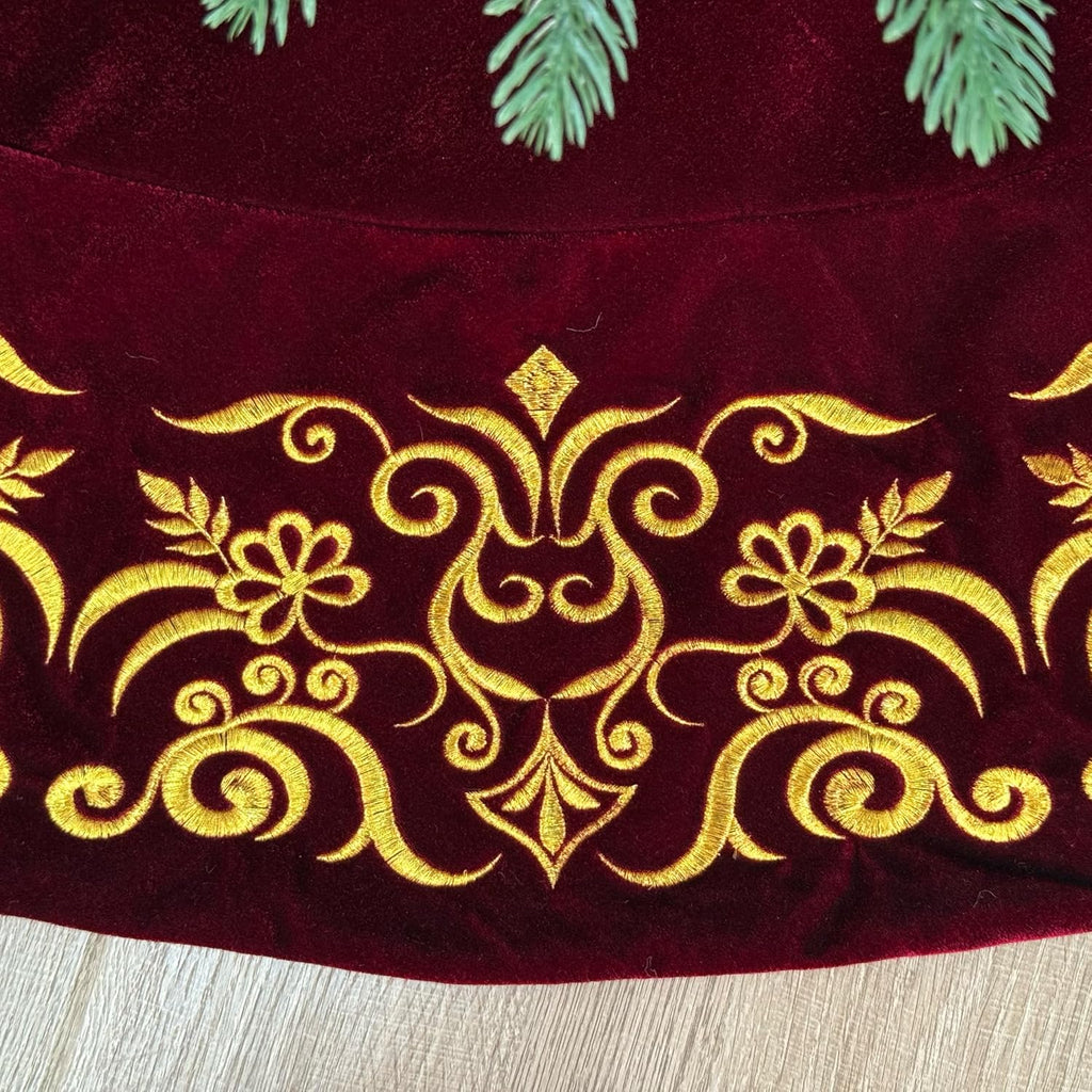84-Inch Victorian Velvet Christmas Tree Skirt with Gold Damask Embroidery and Plush Lace Ties, Burgundy