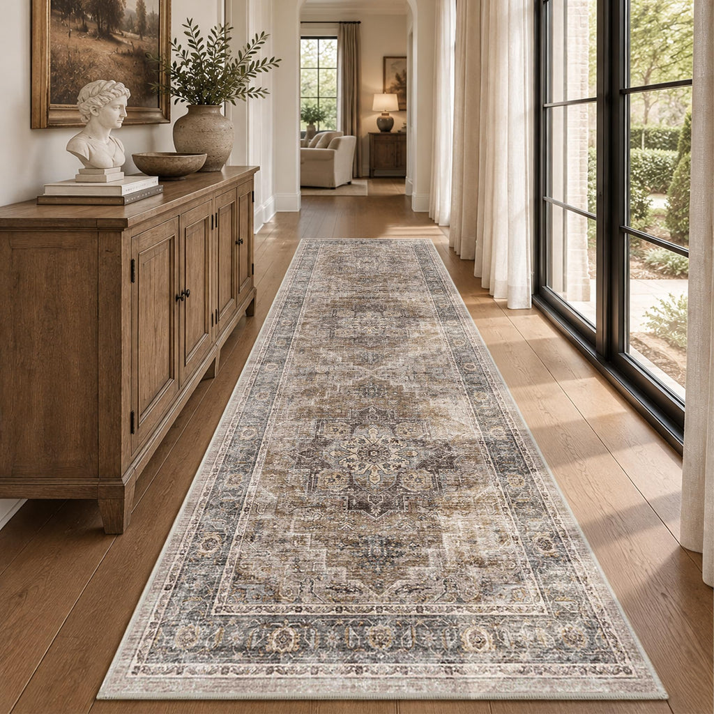 3x10 Vintage Runner Rug Low Pile Non-Slip Washable Hallway Rug