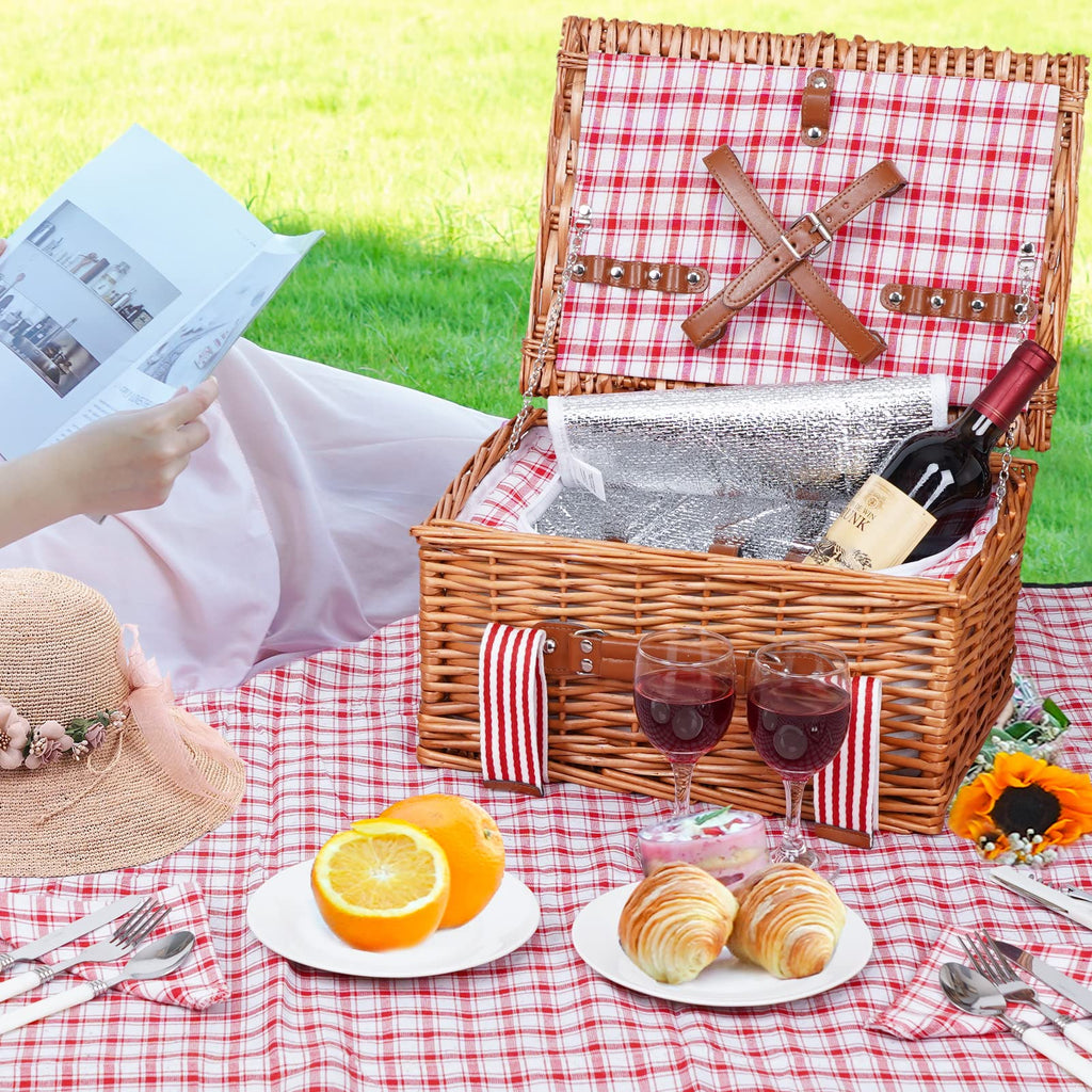 Willow Picnic Basket Set for 2 Persons with Blanket, Red Check