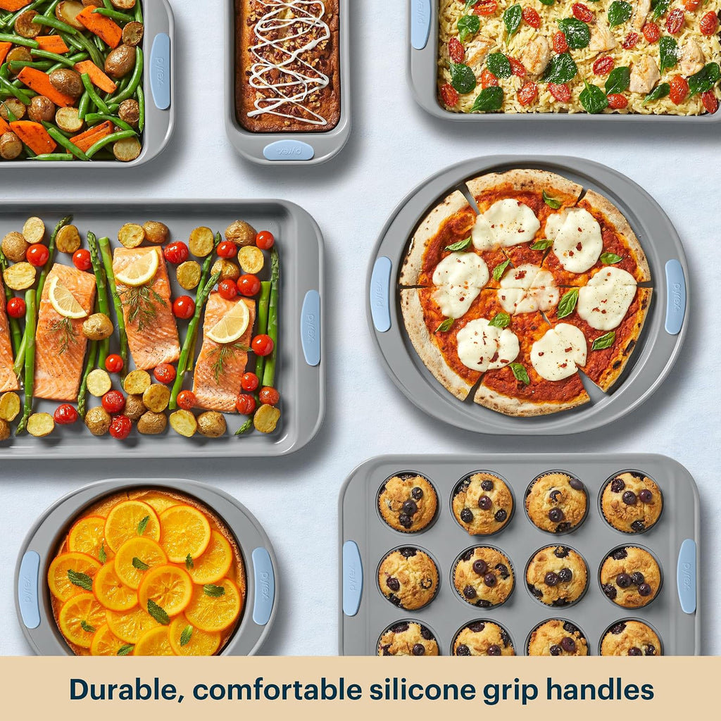 8-Piece Metal Bakeware Set with Heatsafe Silicone Handles, Cerulean | Lightweight stainless steel trays with heatsafe