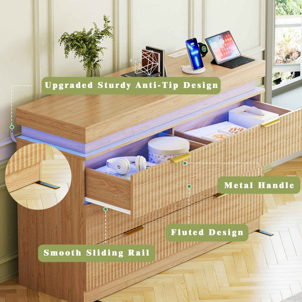 Fluted 6 Drawer Dresser LED Lights & Charging Station, Natural Oak