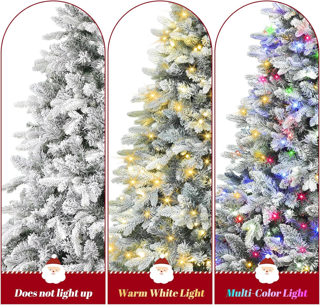 9FT Snow Flocked Christmas Tree with 600 Pre-Lit LED Lights, 8 Lighting Modes, 360° Rotating Musical Base, Full