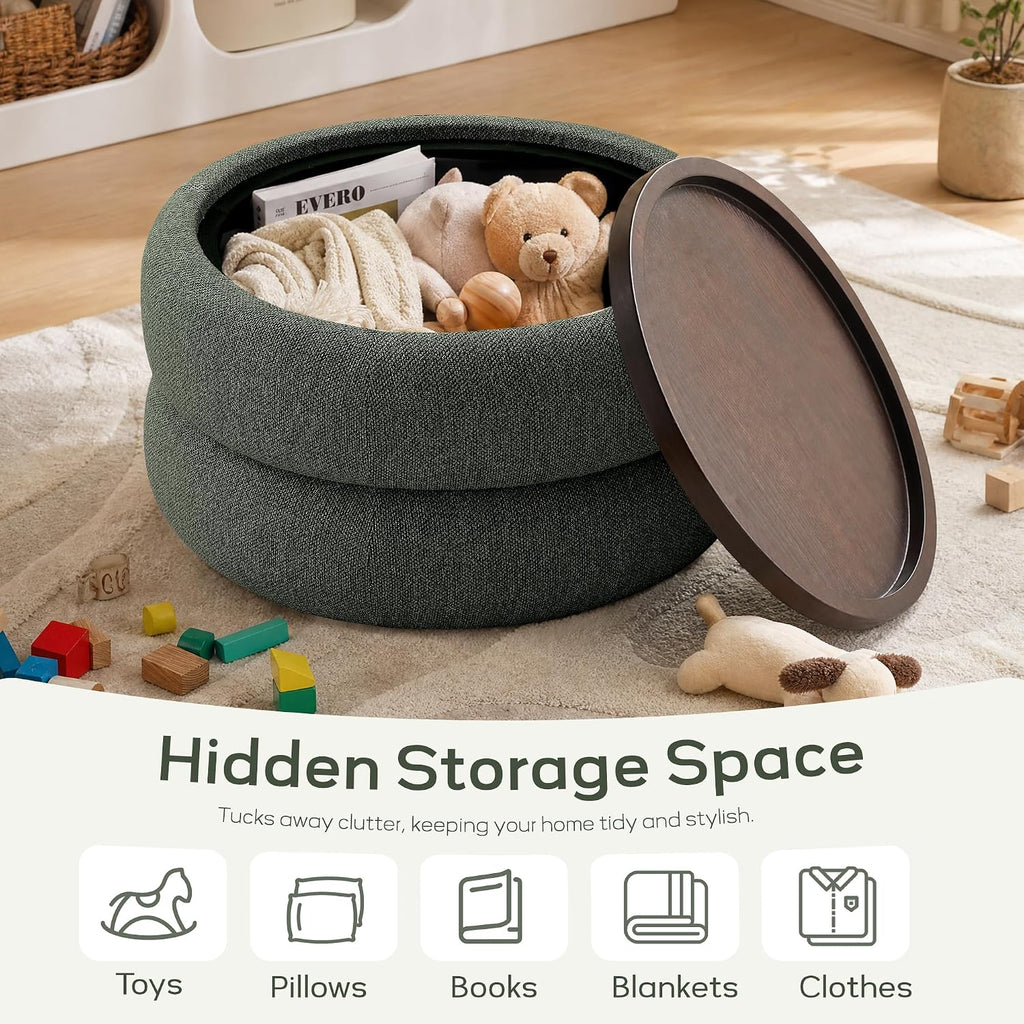 29.5" Round Boucle Storage Ottoman Coffee Table with Lift Off Lid (Green) | Upholstered Modern Ottoman with Storage