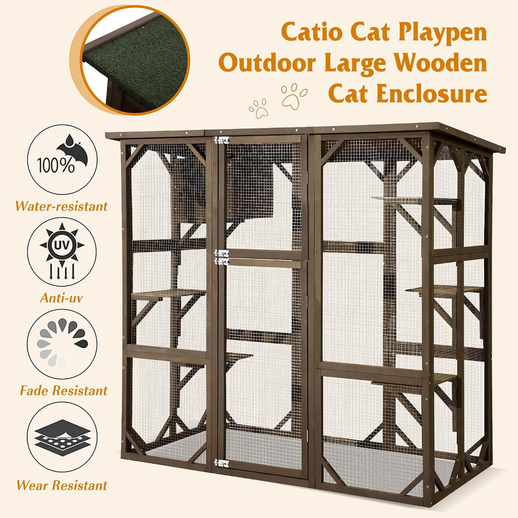 Cat Enclosure Large Outdoor Catio Wooden Cat House with Weatherproof, Cat Cage Condo Indoor Playpen with Platform
